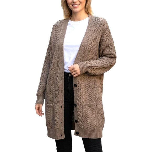 Aran Boyfriend Merino Wool Cardigan Cable Knit Long Sweater - Picture 1 of 12
